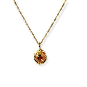 Pendant Necklace Faux Garnet Gold Tone Charm Delicate Open Work Fashion